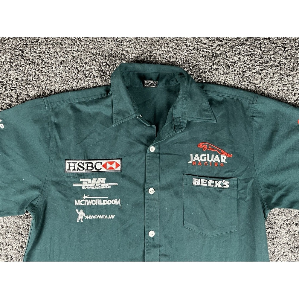 Y2K JAGUAR RACING Short Sleeve Green button-up Shirt Embroidered Logo Sz 2XL - Picture 5 of 9